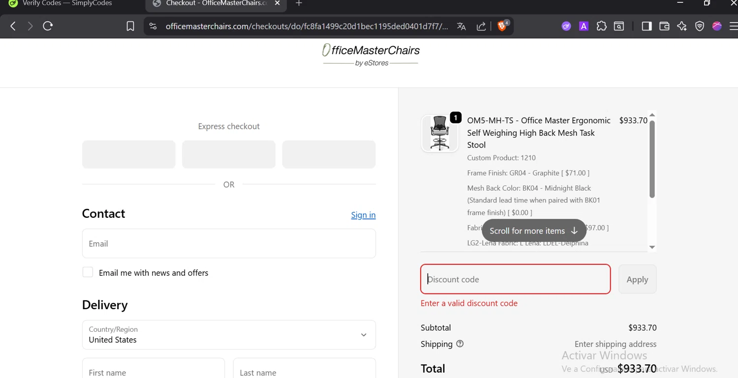 Office Master Chairs promo code screenshot showing code BFCM2025 applied at Office Master Chairs checkout page. Uploaded by SimplyCodes community member Trump23 on Dec 28, 2025