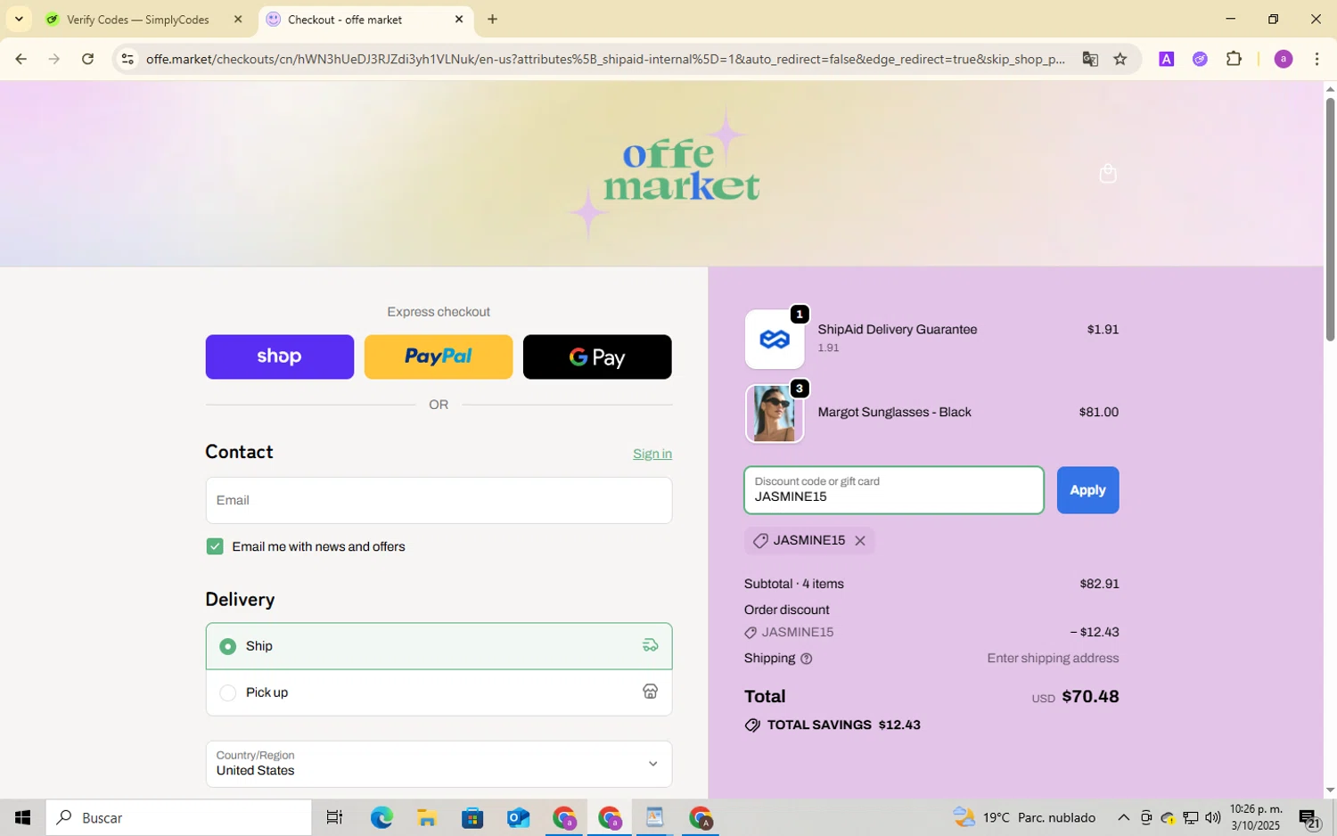 offe market discount code screenshot showing code JASMINE15 applied at offe market checkout page. Uploaded by SimplyCodes community member BukayoSaka on Oct 3, 2025
