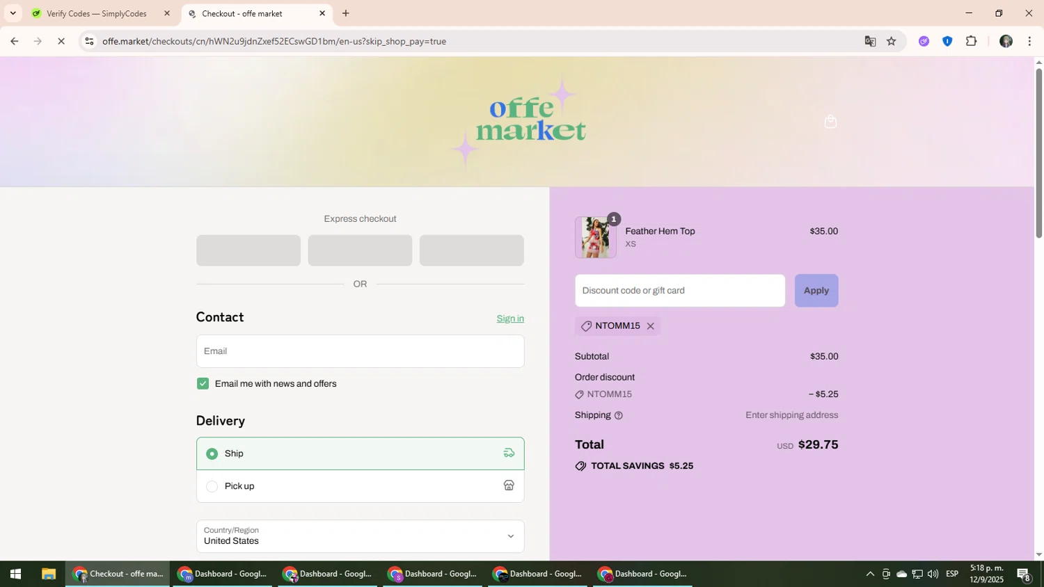 offe market discount code screenshot showing code NTOMM15 applied at offe market checkout page. Uploaded by SimplyCodes community member CleverLynx6871 on Sep 12, 2025