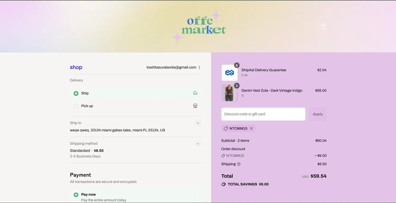 offe market discount code screenshot showing code NTOMM15 applied at offe market checkout page. Uploaded by SimplyCodes community member Lanzaa on Sep 6, 2025