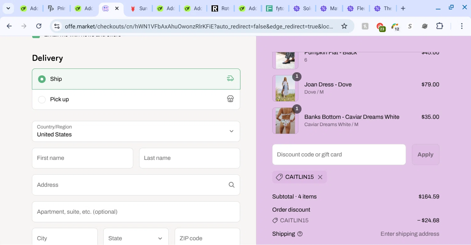 offe market discount code screenshot showing code caitlin15 applied at offe market checkout page. Uploaded by SimplyCodes community member KarinaHZ on Aug 6, 2025