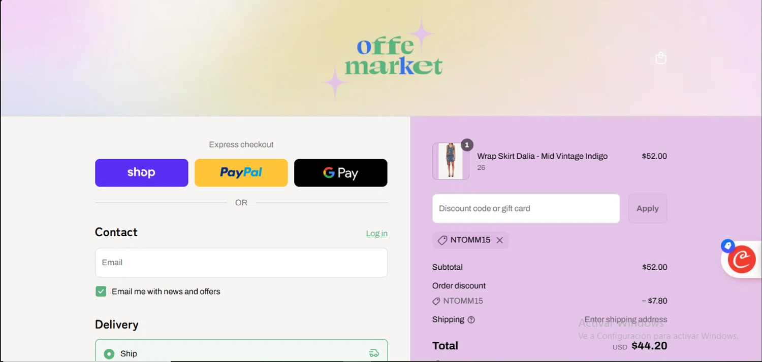 offe market discount code screenshot showing code NTOMM15 applied at offe market checkout page. Uploaded by SimplyCodes community member RewardLynx9164 on Sep 6, 2025