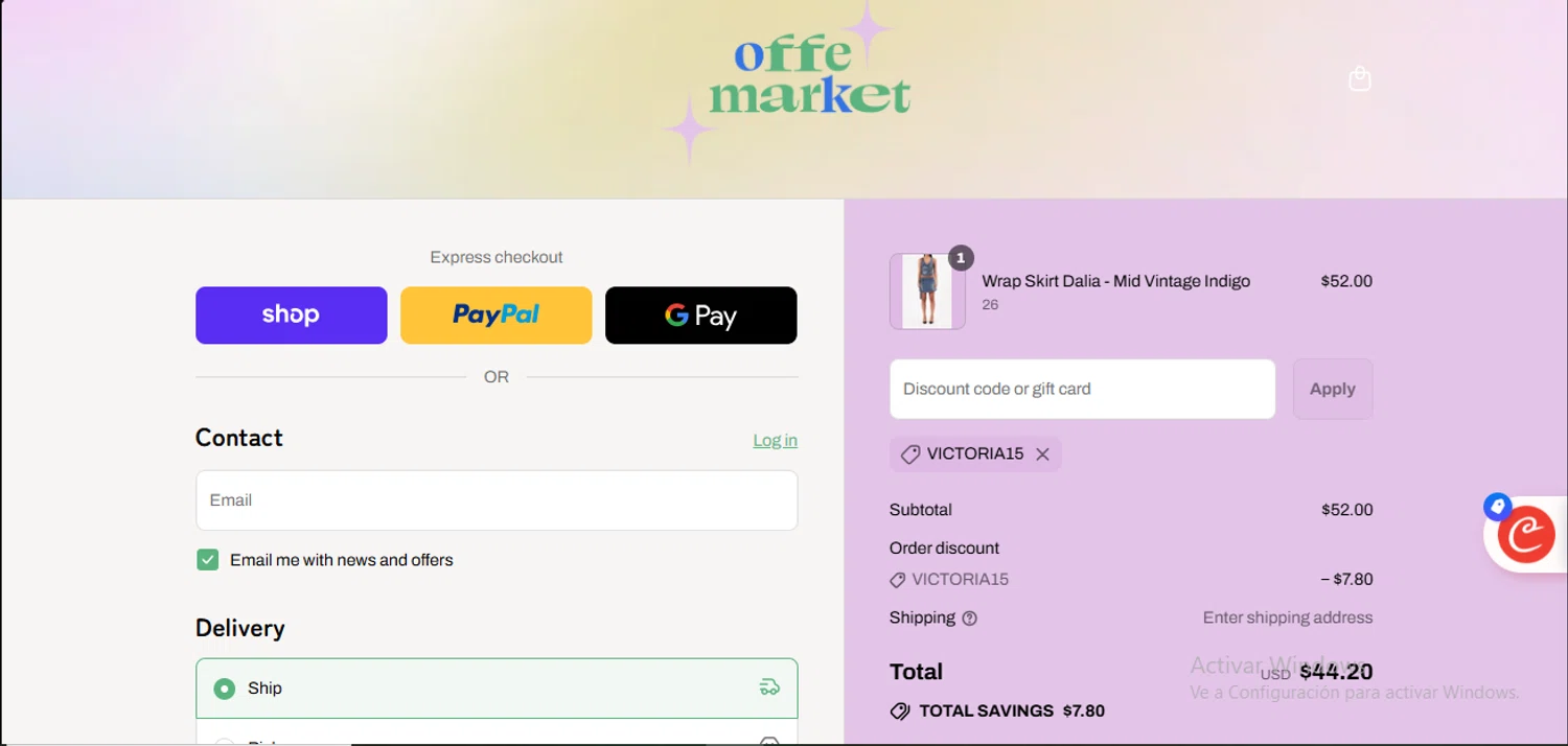 offe market discount code screenshot showing code VICTORIA15 applied at offe market checkout page. Uploaded by SimplyCodes community member RewardLynx9164 on Sep 6, 2025