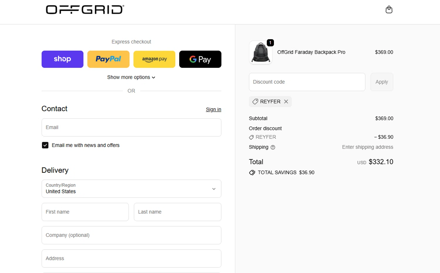 OFFGRID promo code screenshot showing code REYFER applied at OFFGRID checkout page. Uploaded by SimplyCodes community member Espaguetticonpollo on Nov 11, 2025