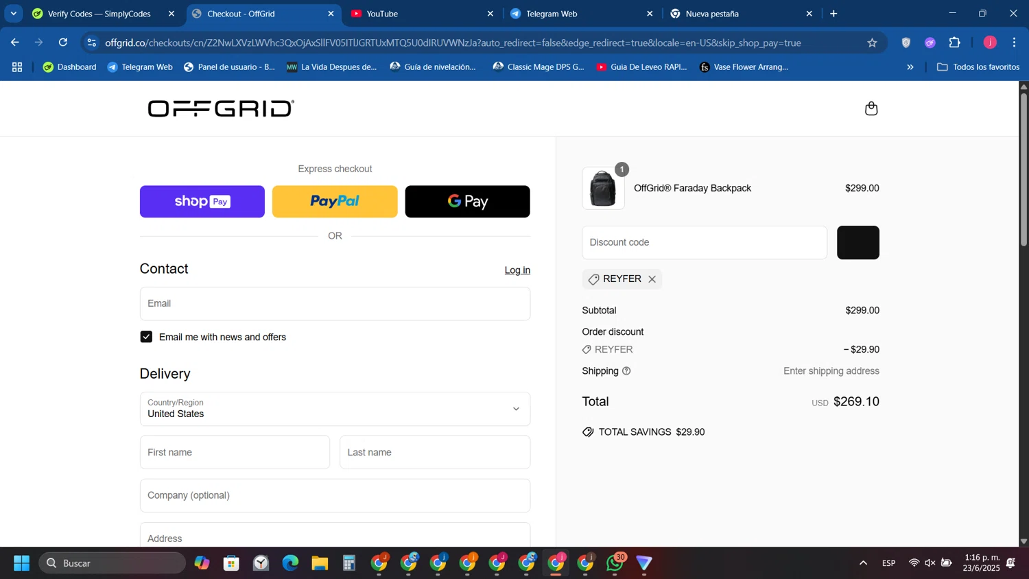 OFFGRID promo code screenshot showing code REYFER applied at OFFGRID checkout page. Uploaded by SimplyCodes community member Tryhard on Jun 23, 2025