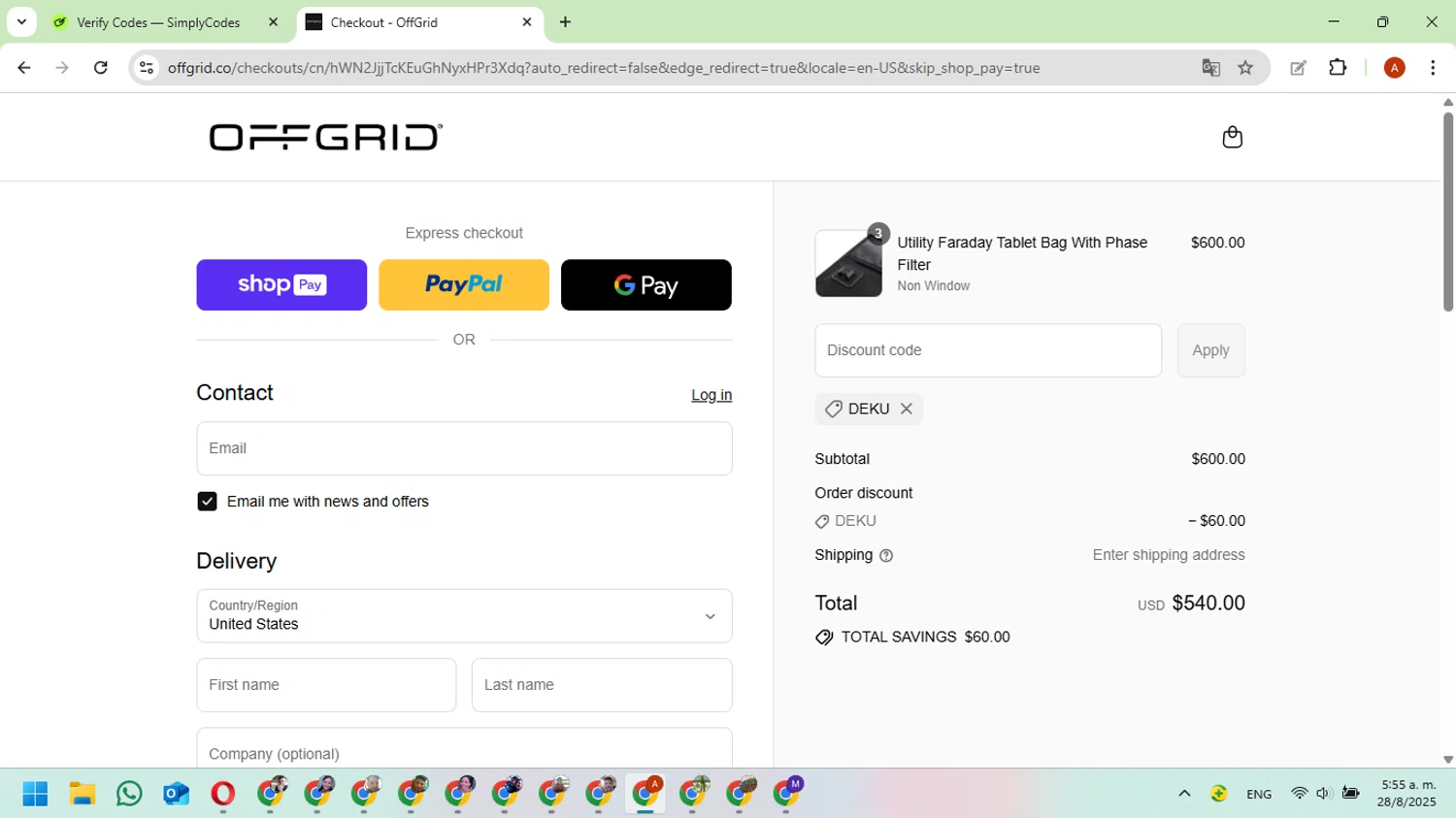 OFFGRID promo code screenshot showing code DEKU applied at OFFGRID checkout page. Uploaded by SimplyCodes community member FundoKadmiel on Aug 28, 2025