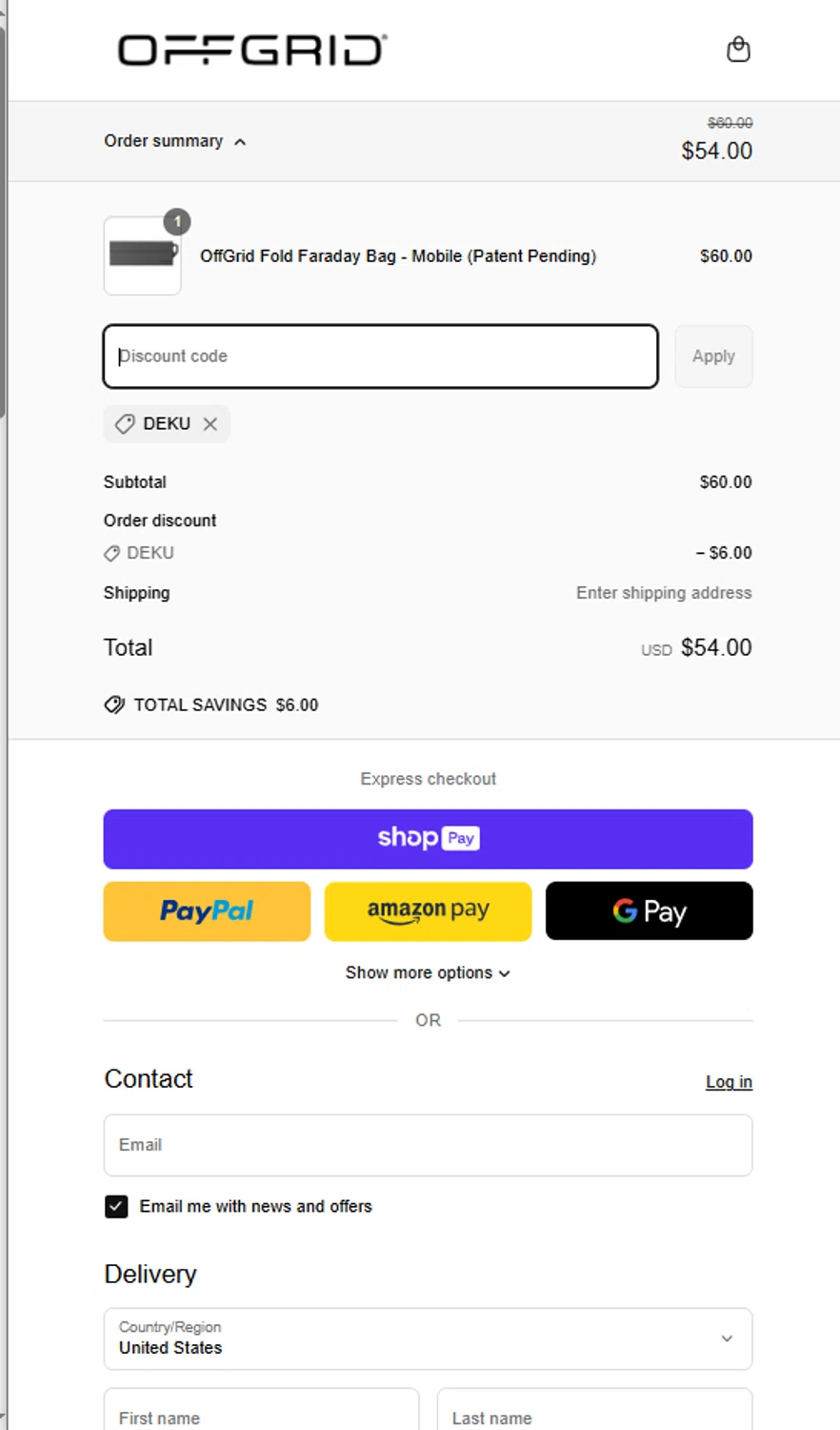 OFFGRID promo code screenshot showing code DEKU applied at OFFGRID checkout page. Uploaded by SimplyCodes community member Franyer12 on Mar 28, 2025