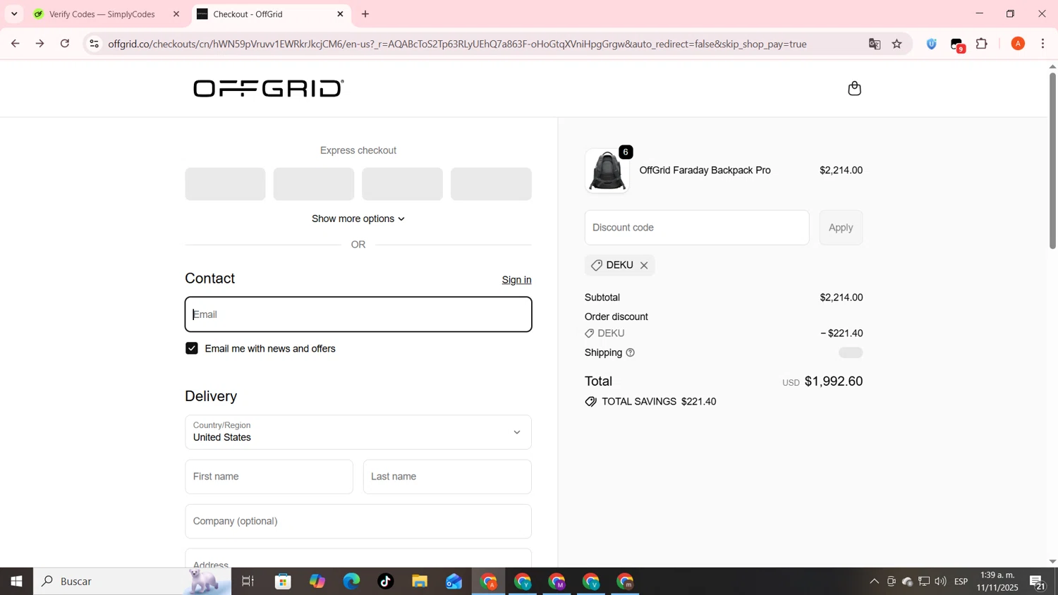 OFFGRID promo code screenshot showing code DEKU applied at OFFGRID checkout page. Uploaded by SimplyCodes community member FrugalSentinel6206 on Nov 11, 2025