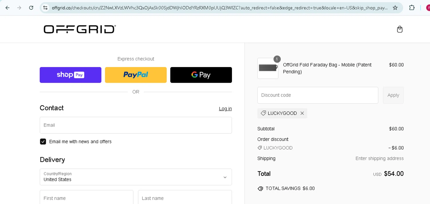 OFFGRID promo code screenshot showing code LUCKYGOOD applied at OFFGRID checkout page. Uploaded by SimplyCodes community member TokenMonarch796 on Feb 15, 2025