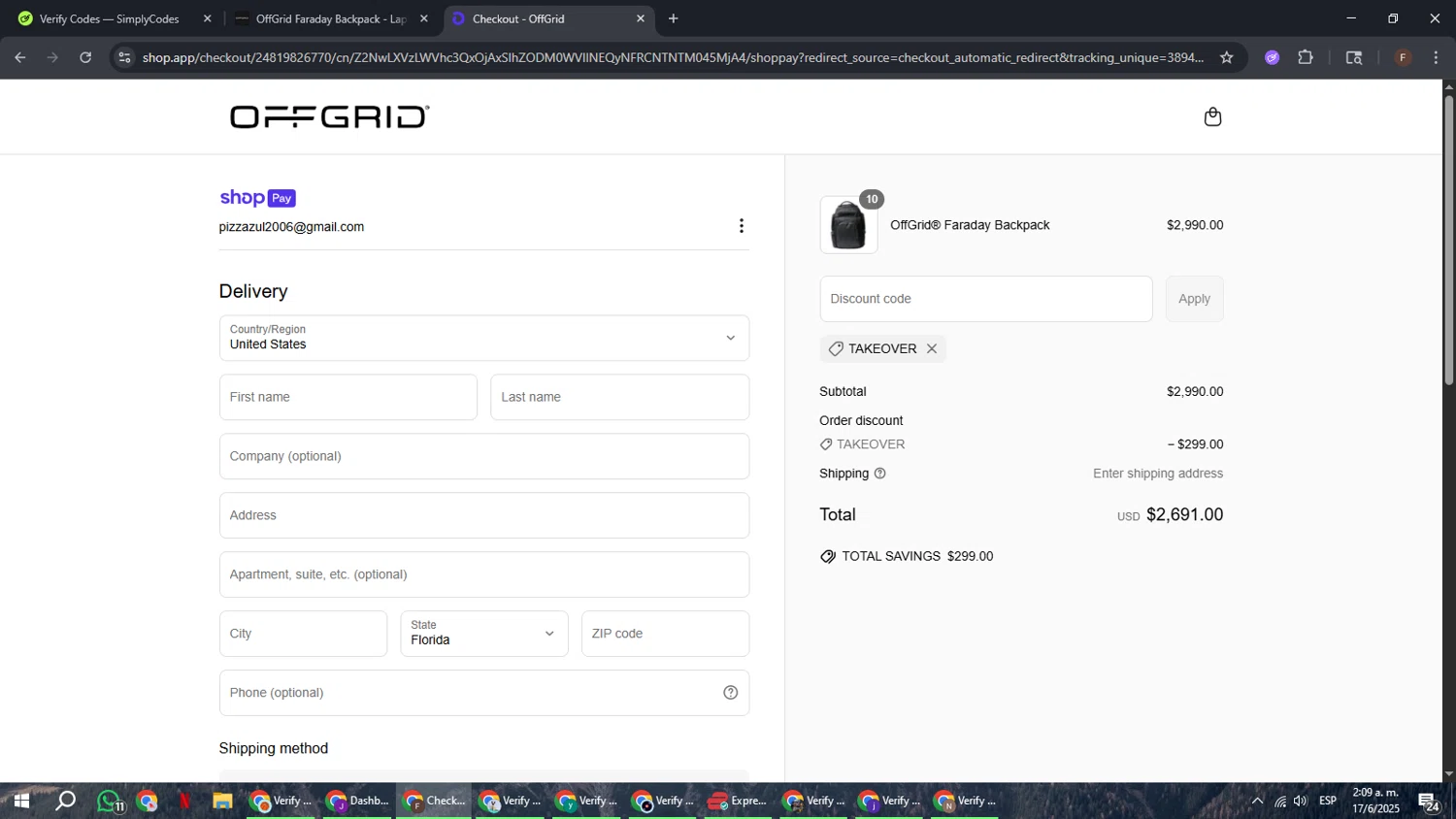 OFFGRID promo code screenshot showing code TAKEOVER applied at OFFGRID checkout page. Uploaded by SimplyCodes community member ExtraordinaryHunter3076 on Jun 17, 2025