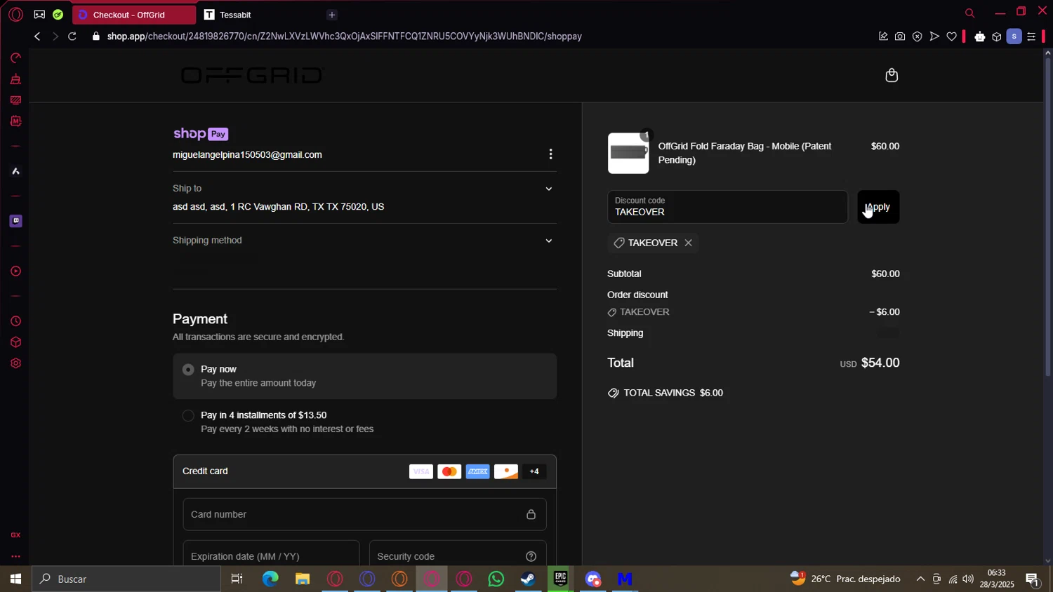 OFFGRID promo code screenshot showing code TAKEOVER applied at OFFGRID checkout page. Uploaded by SimplyCodes community member cajax_manda on Mar 28, 2025