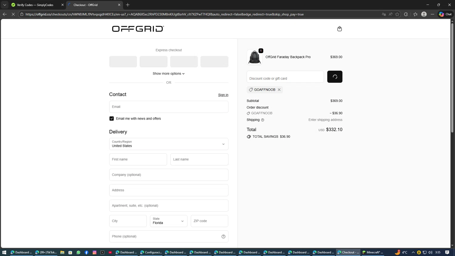 OFFGRID promo code screenshot showing code GOAFFNOOB applied at OFFGRID checkout page. Uploaded by SimplyCodes community member SAKURA on Feb 2, 2026