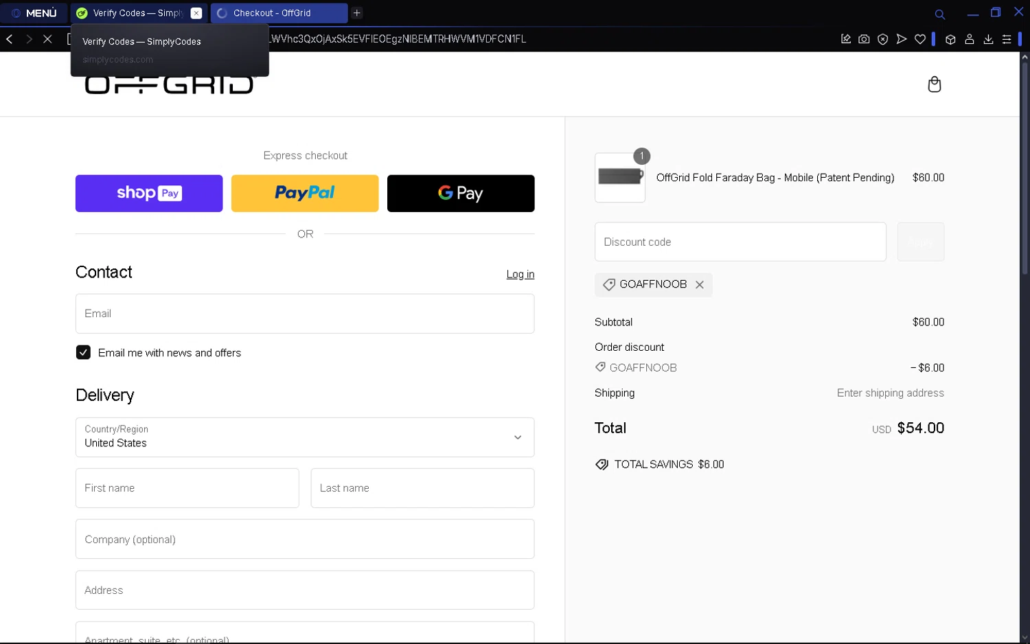 OFFGRID promo code screenshot showing code GOAFFNOOB applied at OFFGRID checkout page. Uploaded by SimplyCodes community member batmann_28 on Mar 3, 2025