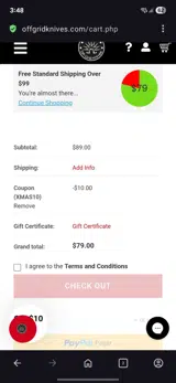 Off-Grid Knives coupon verification screenshot
