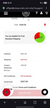 Off-Grid Knives coupon verification screenshot
