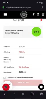 Off-Grid Knives coupon verification screenshot