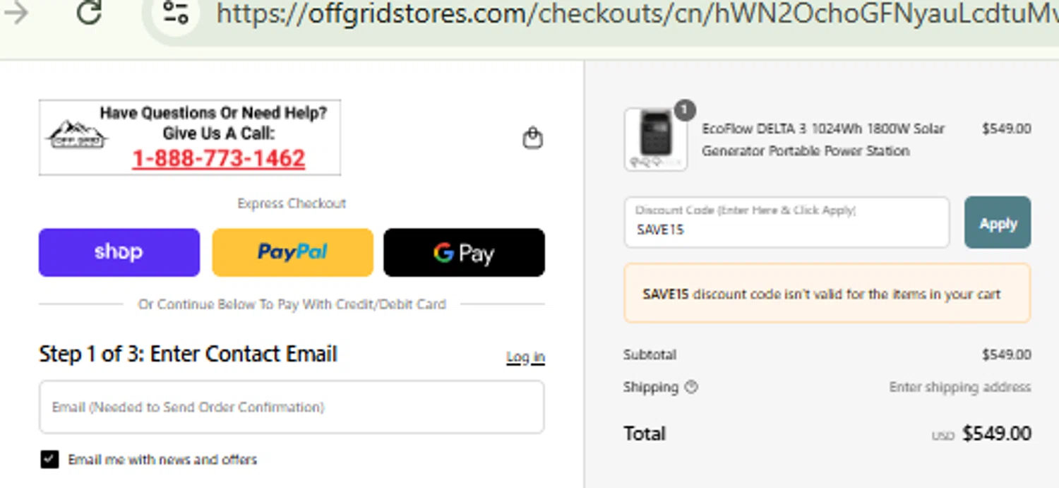 Off Grid Stores discount code screenshot showing code SAVE15 applied at Off Grid Stores checkout page. Uploaded by SimplyCodes community member RewardFinder4836 on Aug 30, 2025