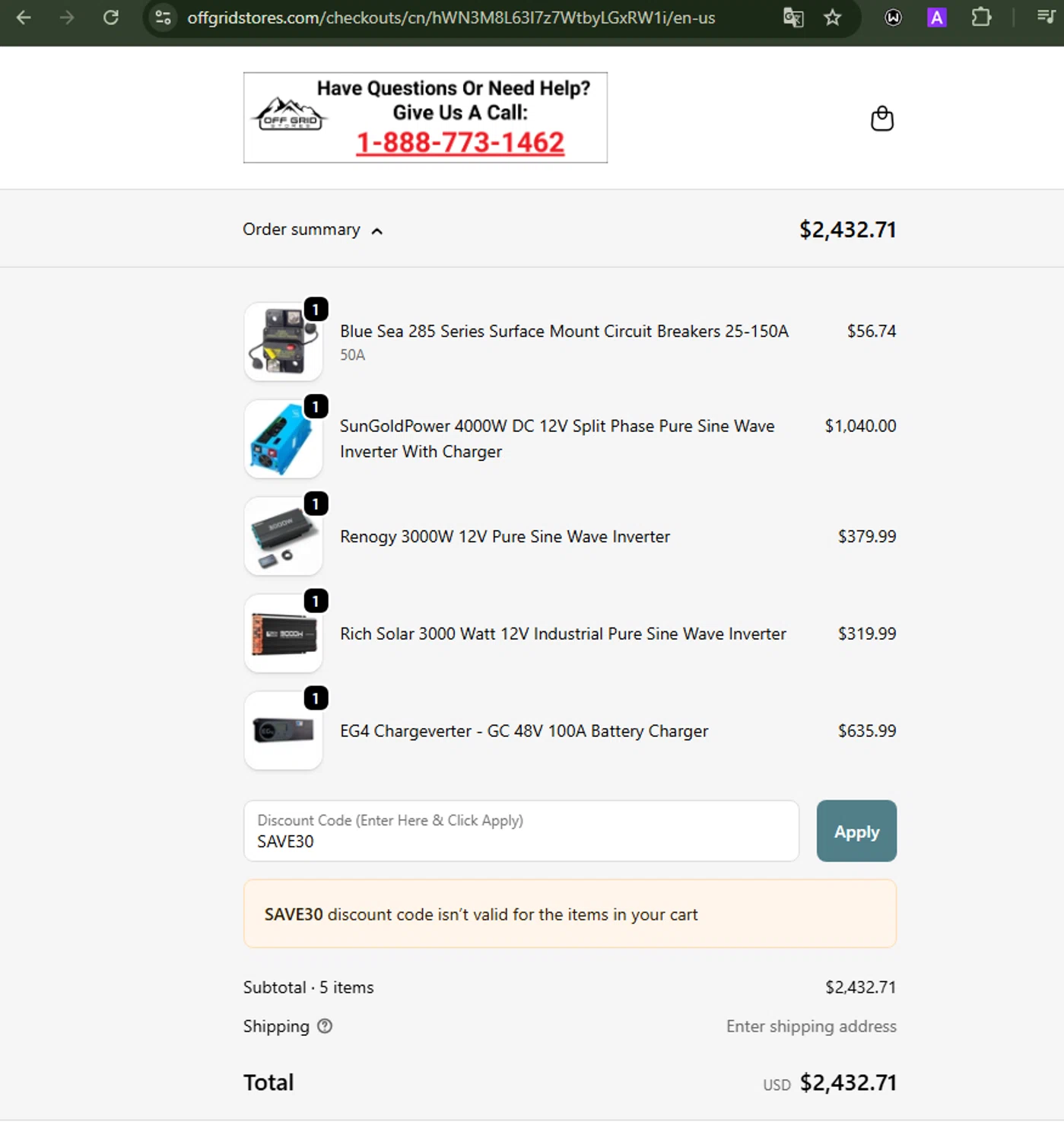 Off Grid Stores discount code screenshot showing code SAVE30 applied at Off Grid Stores checkout page. Uploaded by SimplyCodes community member Loslocosdelavela on Sep 24, 2025
