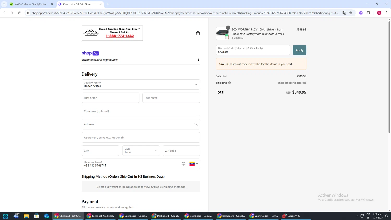 Off Grid Stores discount code screenshot showing code SAVE30 applied at Off Grid Stores checkout page. Uploaded by SimplyCodes community member TOROREX250 on May 3, 2025