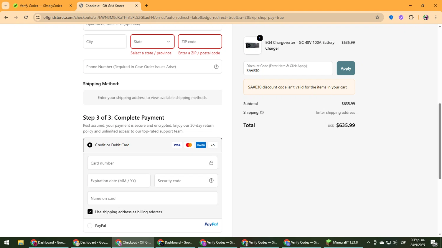 Off Grid Stores discount code screenshot showing code SAVE30 applied at Off Grid Stores checkout page. Uploaded by SimplyCodes community member Vanmanuel on Sep 24, 2025