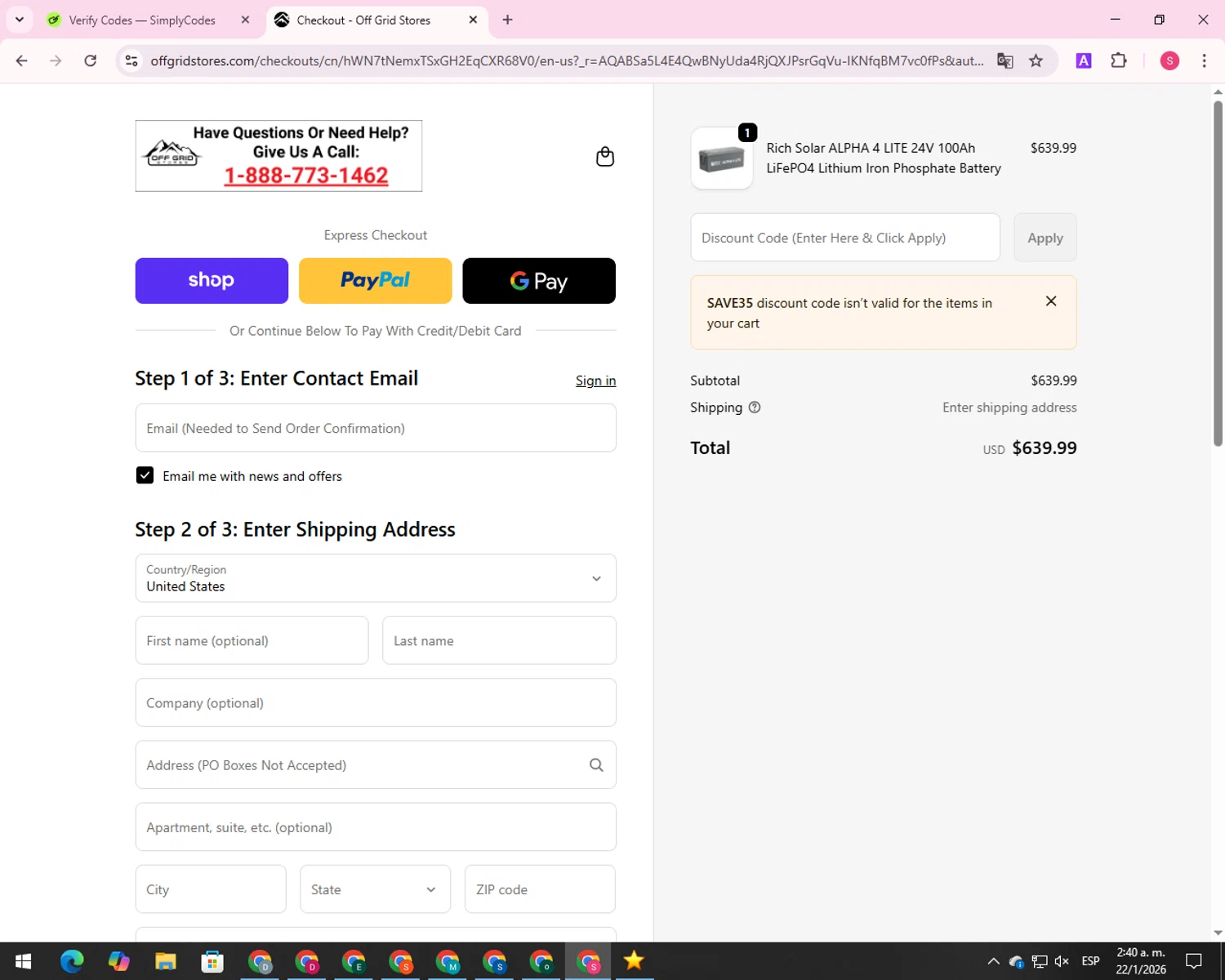 Off Grid Stores discount code screenshot showing code SAVE35 applied at Off Grid Stores checkout page. Uploaded by SimplyCodes community member 00000056 on Jan 22, 2026