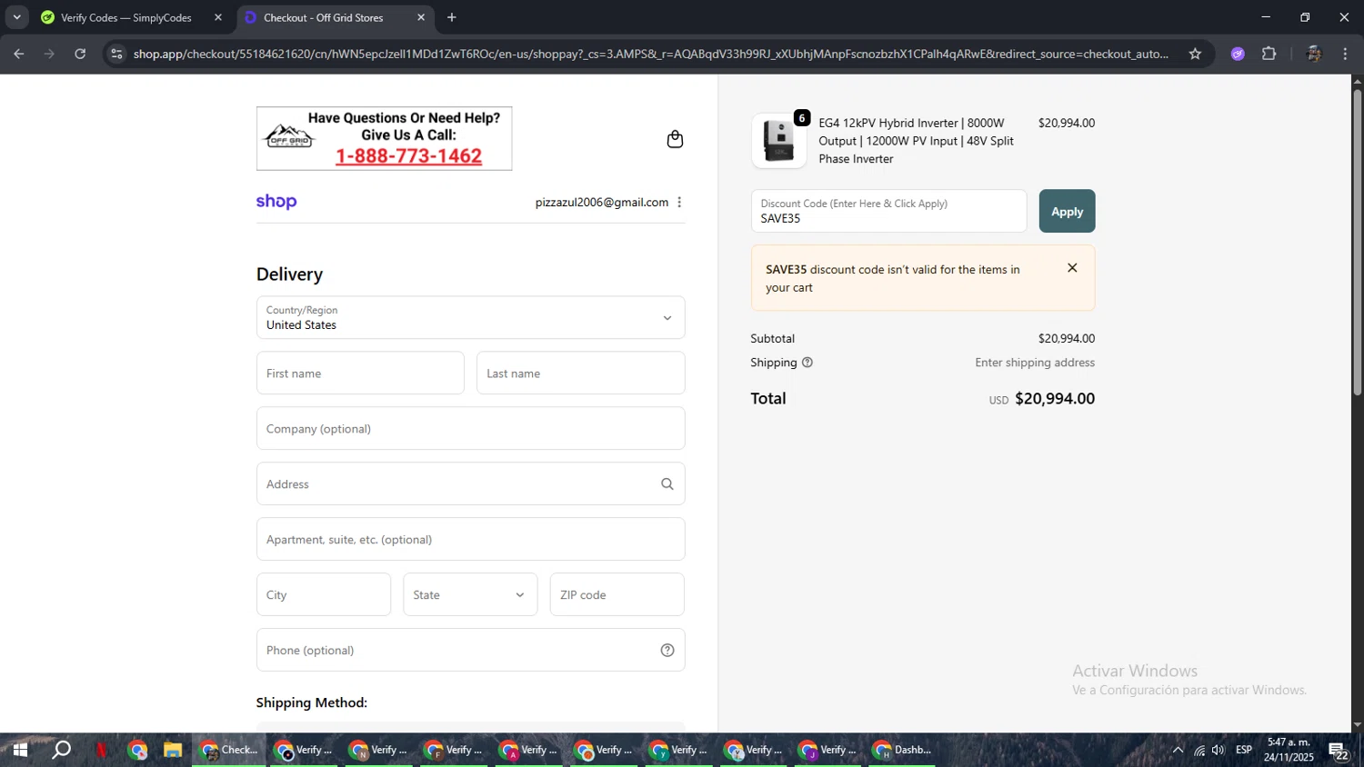 Off Grid Stores discount code screenshot showing code SAVE35 applied at Off Grid Stores checkout page. Uploaded by SimplyCodes community member xxdddd on Nov 24, 2025