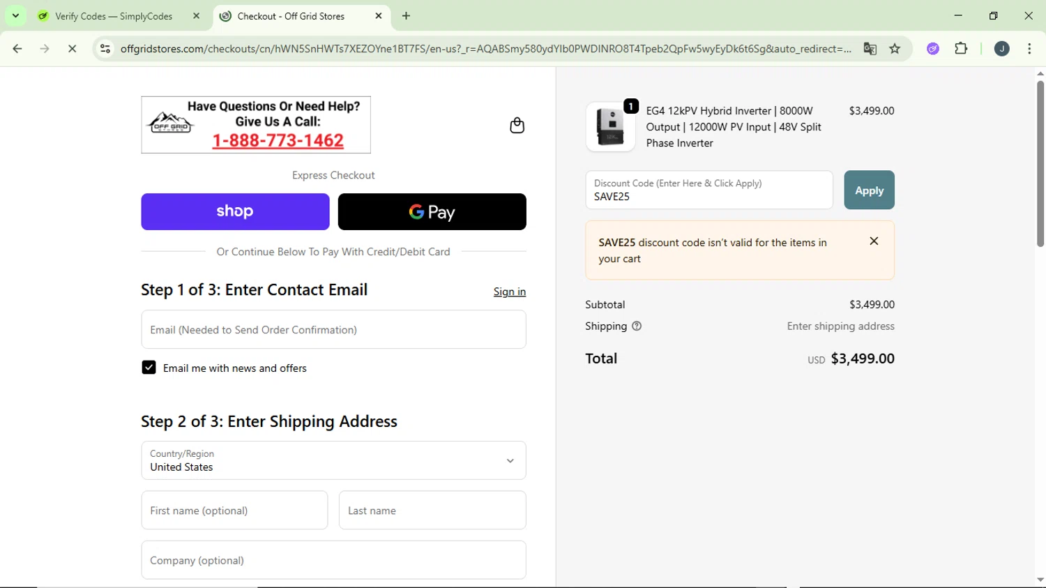 Off Grid Stores discount code screenshot showing code SAVE25 applied at Off Grid Stores checkout page. Uploaded by SimplyCodes community member GloriousCollector9930 on Nov 19, 2025