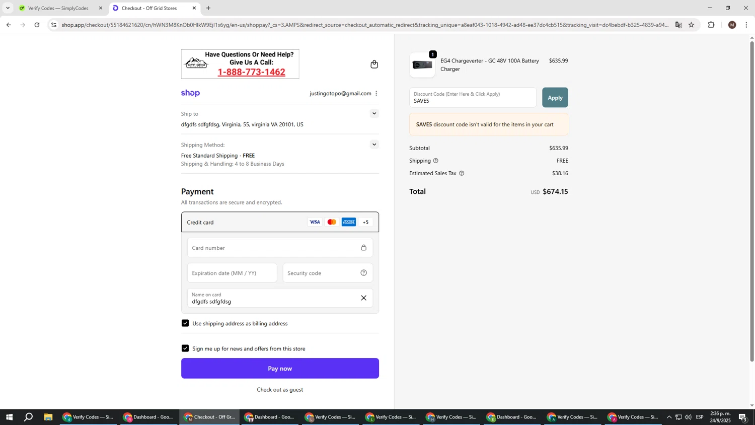 Off Grid Stores discount code screenshot showing code SAVE5 applied at Off Grid Stores checkout page. Uploaded by SimplyCodes community member KTMCRF on Sep 24, 2025