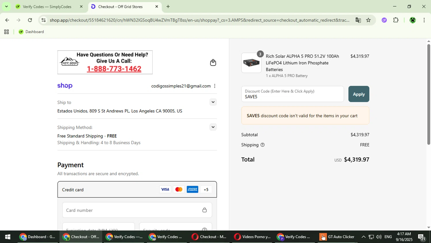 Off Grid Stores discount code screenshot showing code SAVE5 applied at Off Grid Stores checkout page. Uploaded by SimplyCodes community member MaitoGai on Sep 16, 2025