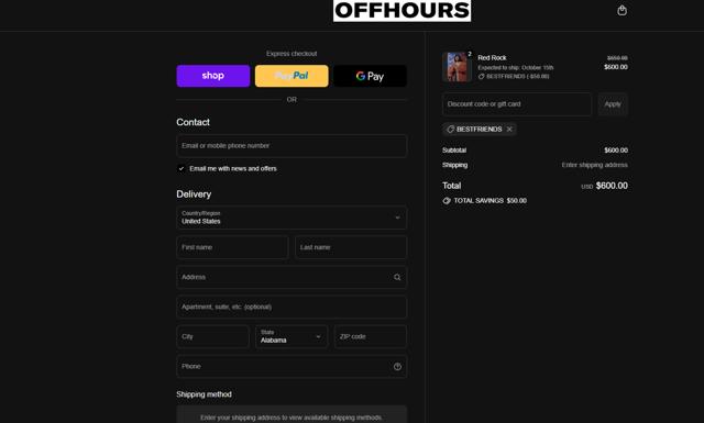OFFHOURS checkout page showing OFFHOURS discount code box | Screenshot taken by SimplyCodes community member on Sep 7, 2025