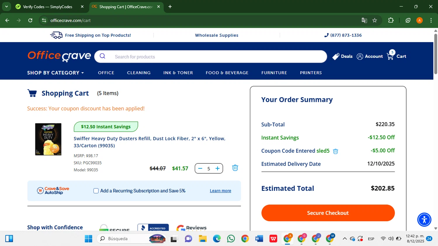 OfficeCrave checkout page showing OfficeCrave coupon code box | Screenshot taken by SimplyCodes community member on Dec 8, 2025