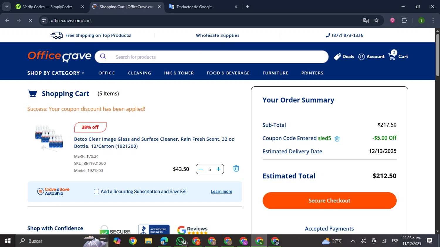OfficeCrave checkout page showing OfficeCrave coupon code box | Screenshot taken by SimplyCodes community member on Dec 11, 2025
