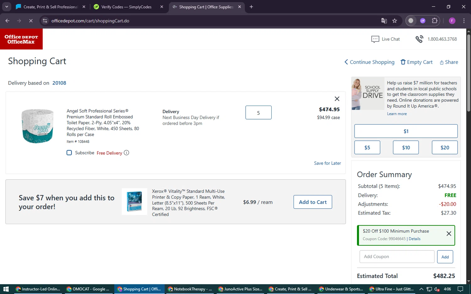Office Depot coupon code screenshot showing code SAVE20NOW applied at Office Depot checkout page. Uploaded by SimplyCodes community member CleverSpotter6431 on Aug 1, 2025