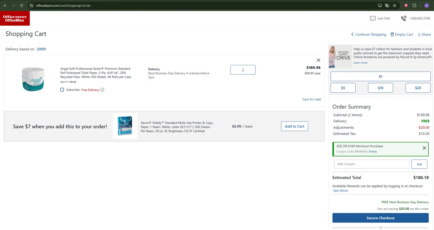 Office Depot coupon code screenshot showing code SAVE20NOW applied at Office Depot checkout page. Uploaded by SimplyCodes community member Ron322 on Aug 11, 2025