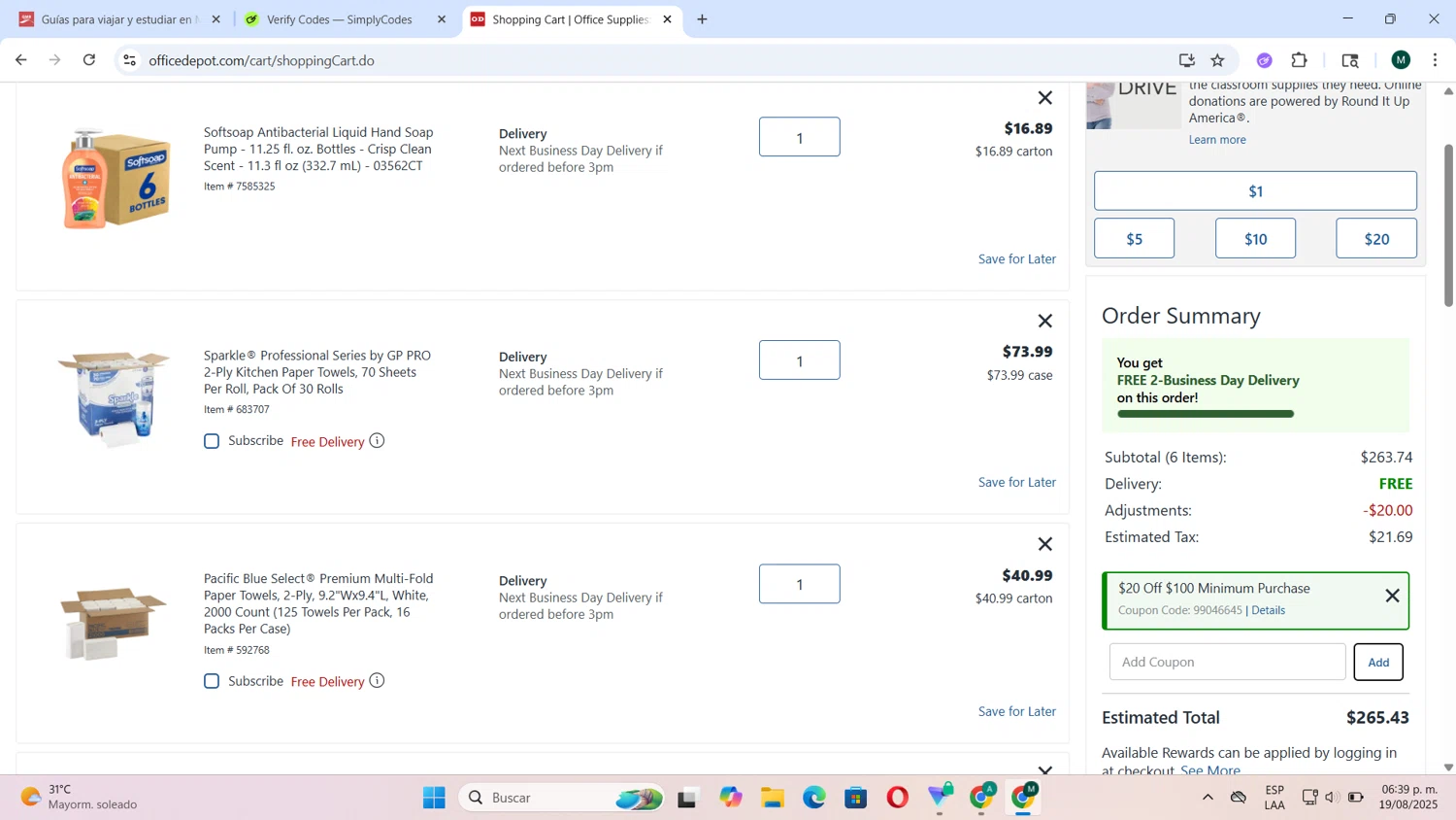 Office Depot coupon code screenshot showing code SAVE20NOW applied at Office Depot checkout page. Uploaded by SimplyCodes community member Tortu_1 on Aug 19, 2025