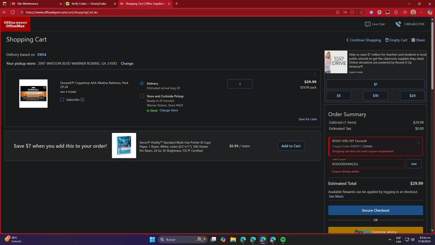 Office Depot coupon code screenshot showing code BOGO50DURACELL applied at Office Depot checkout page. Uploaded by SimplyCodes community member TheRodan on Aug 27, 2025