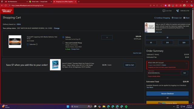 Office Depot checkout page showing Office Depot coupon code box | Screenshot taken by SimplyCodes community member on Aug 27, 2025