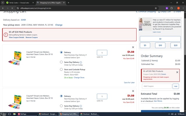 Office Depot checkout page showing Office Depot coupon code box | Screenshot taken by SimplyCodes community member on Aug 26, 2025