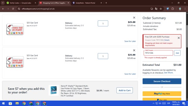 Office Depot checkout page showing Office Depot coupon code box | Screenshot taken by SimplyCodes community member on Aug 26, 2025