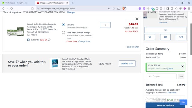 Office Depot checkout page showing Office Depot coupon code box | Screenshot taken by SimplyCodes community member on Aug 28, 2025