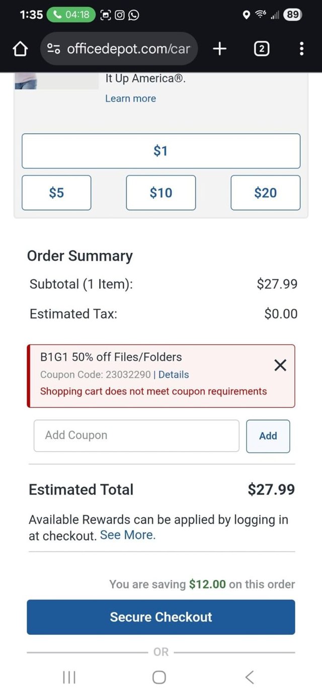 Office Depot checkout page showing Office Depot coupon code box | Screenshot taken by SimplyCodes community member on Aug 26, 2025