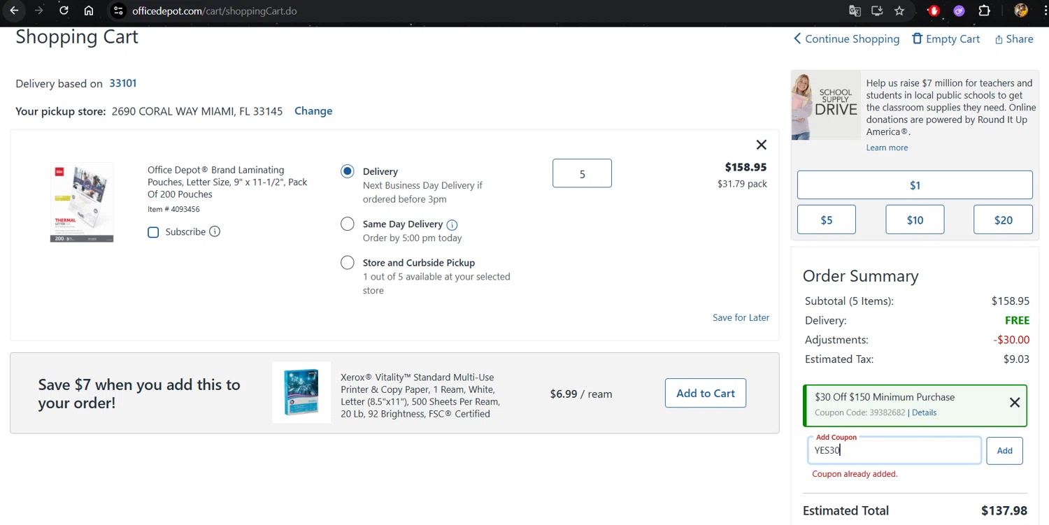 Office Depot promo code screenshot showing code YES30 applied at Office Depot checkout page. Uploaded by SimplyCodes community member franklinbravo on Feb 27, 2026