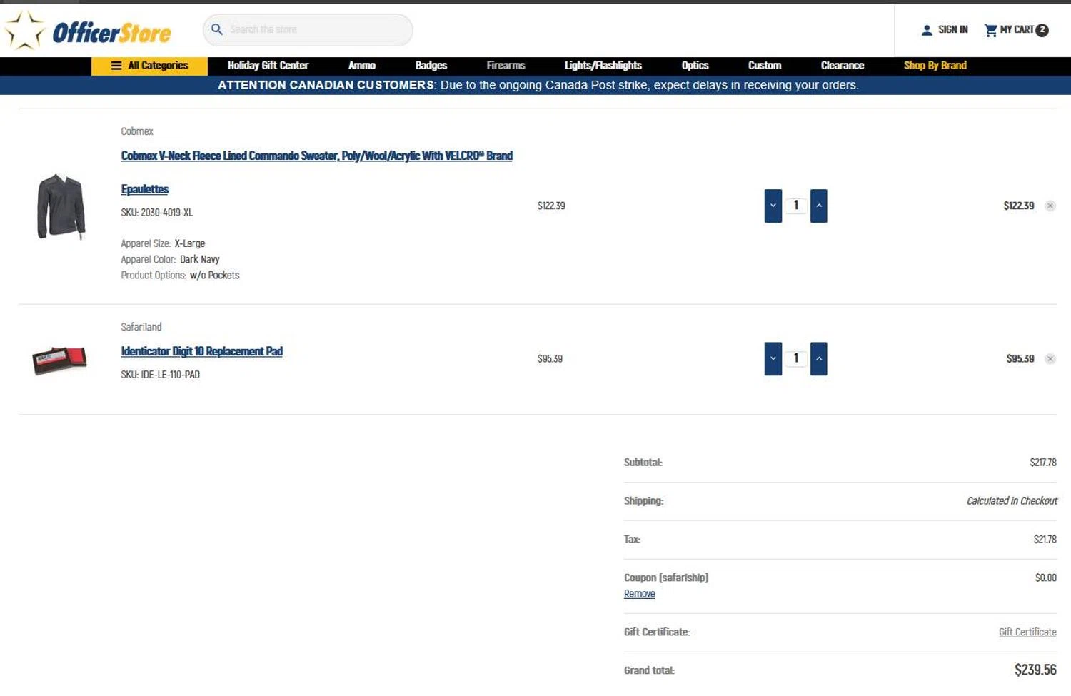 Officer Store.com promo code screenshot showing code safariship applied at Officer Store.com checkout page. Uploaded by SimplyCodes community member stygian1 on Nov 7, 2025