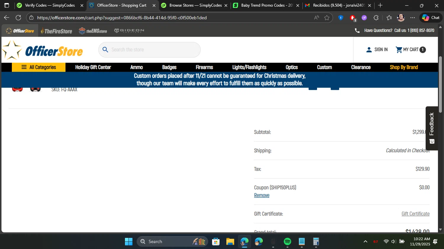 Officer Store.com checkout page showing Officer Store.com promo code box | Screenshot taken by SimplyCodes community member on Nov 29, 2025