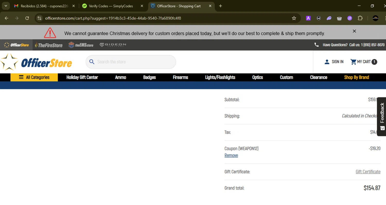 Officer Store.com checkout page showing Officer Store.com promo code box | Screenshot taken by SimplyCodes community member on Dec 12, 2025