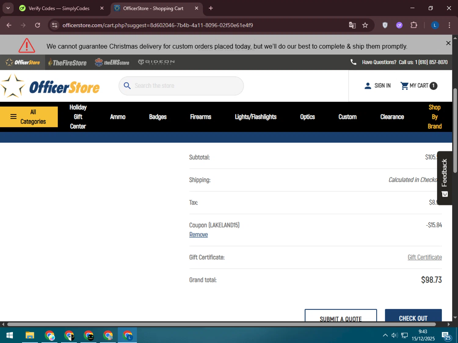 Officer Store.com promo code screenshot showing code LAKELAND15 applied at Officer Store.com checkout page. Uploaded by SimplyCodes community member LegendaryLegend5536 on Dec 15, 2025