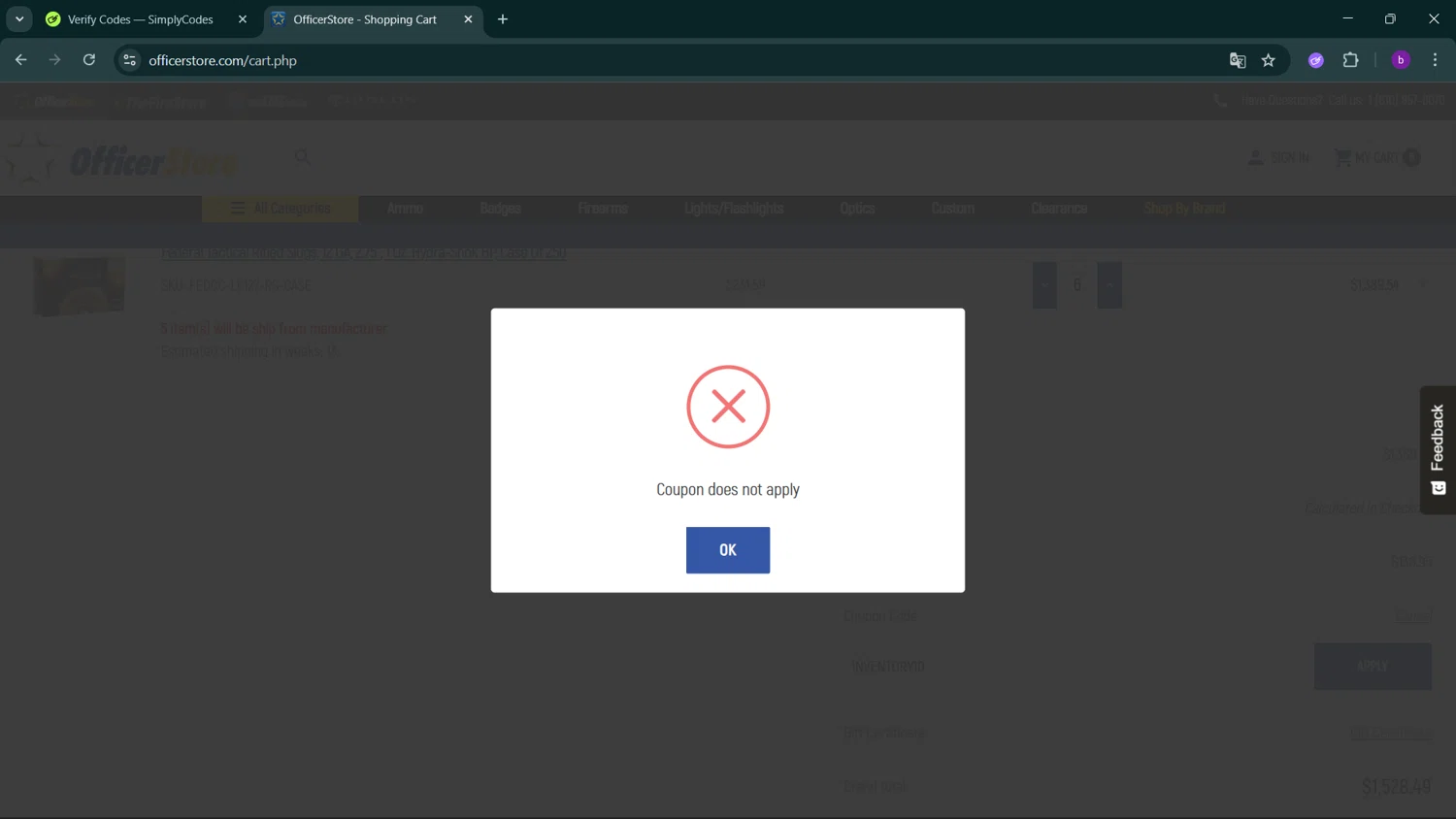 Officer Store.com promo code screenshot showing code INVENTORY10 applied at Officer Store.com checkout page. Uploaded by SimplyCodes community member RoyalSleuth2430 on Jan 9, 2026