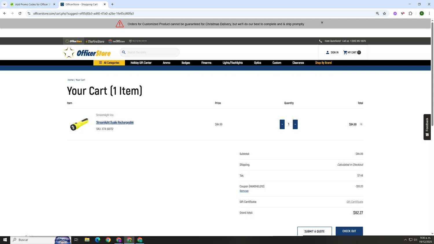 Officer Store.com promo code screenshot showing code HANDHELD12 applied at Officer Store.com checkout page. Uploaded by SimplyCodes community member AnthonyGTX on Dec 19, 2025