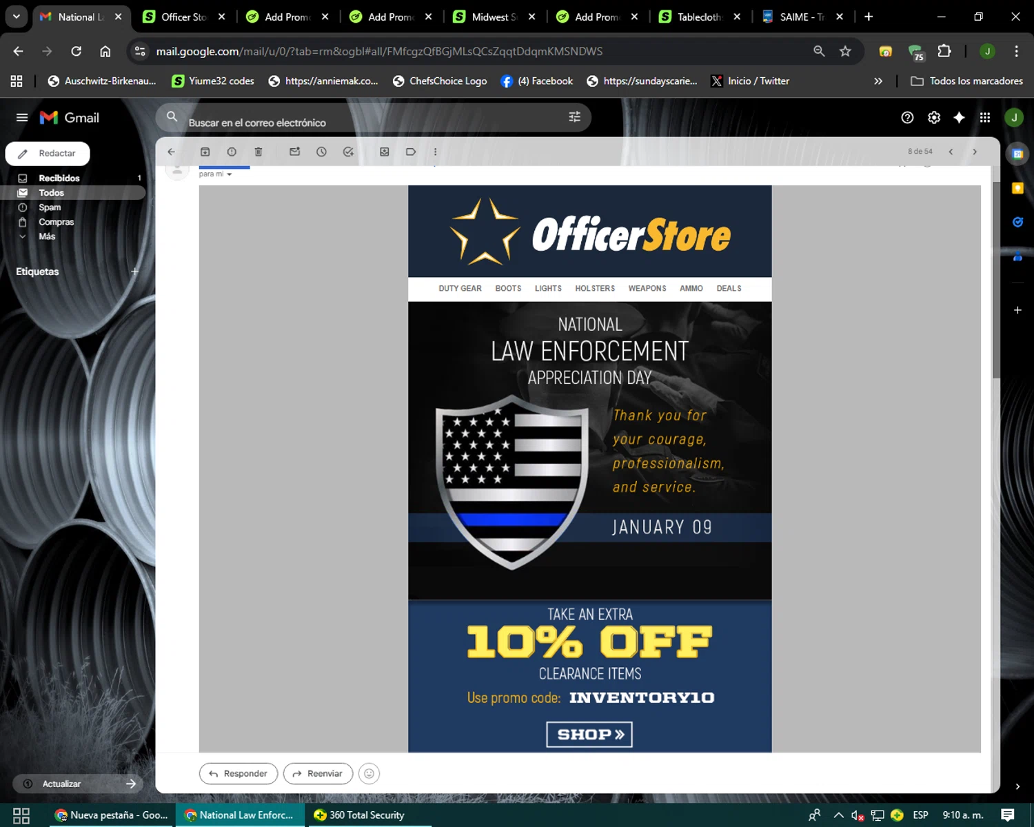 Officer Store.com promo code screenshot showing code INVENTORY10 applied at Officer Store.com checkout page. Uploaded by SimplyCodes community member Codehunter on Jan 9, 2026