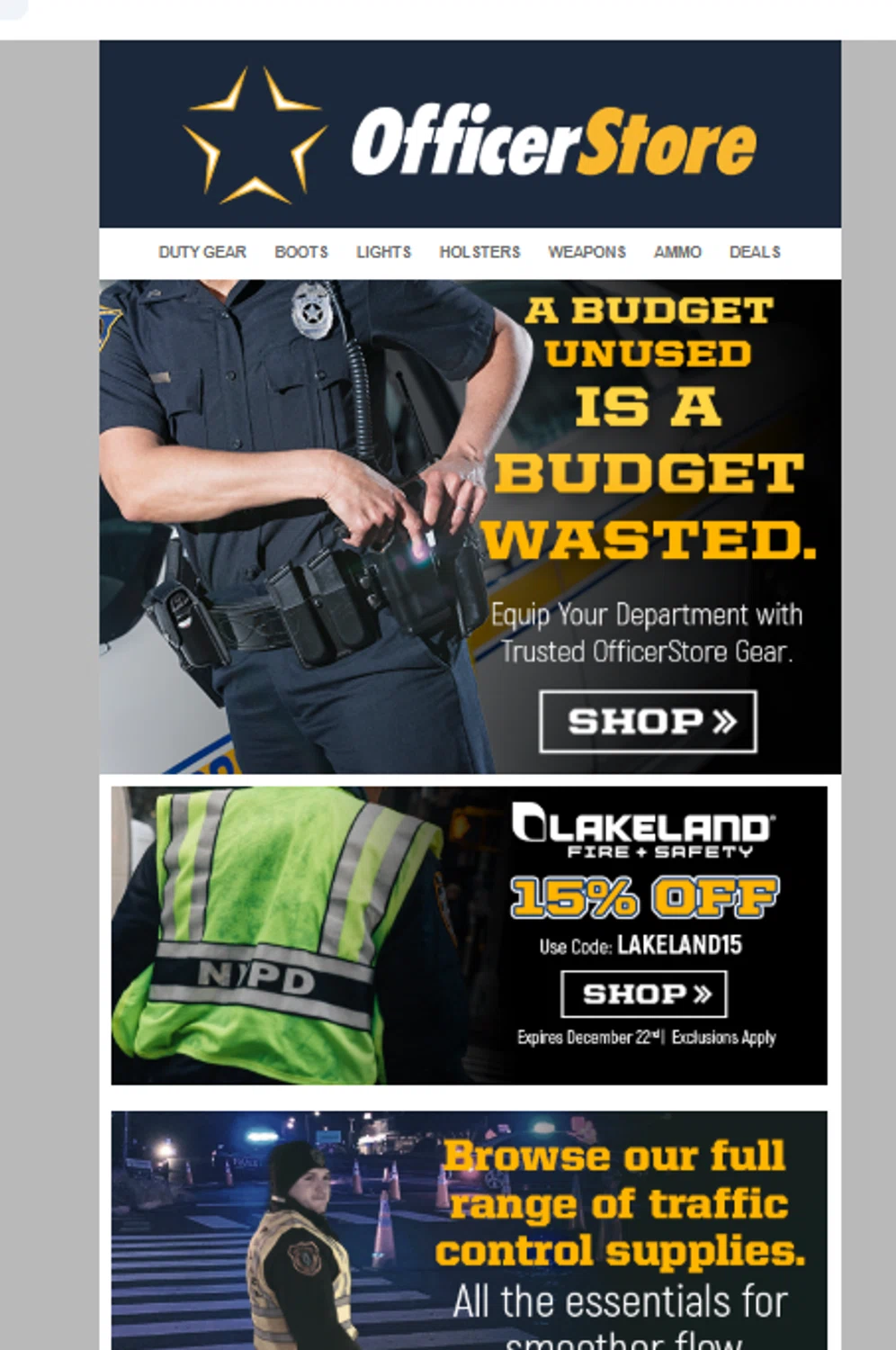 Officer Store.com promo code screenshot showing code LAKELAND15 applied at Officer Store.com checkout page. Uploaded by SimplyCodes community member DORIANGEL on Dec 15, 2025